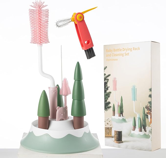 Chemimoso Baby Bottle Drying Rack and Cleaning Set, with Spinning Silicone Baby Bottle Brush, Pacifier Brush, Straw Brush, Cup Lid Cleaning Brush, 2025 Xmas Holiday Surprise Gift for Newmom, Pink by Unknown