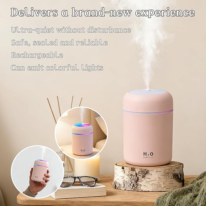 300ml USB Cool Mist Small Humidifier with Colorful Lights,Portable Mini Humidifier, Perfect for Bedroom, Office, Plants, travel & Car, Pink - Image 5