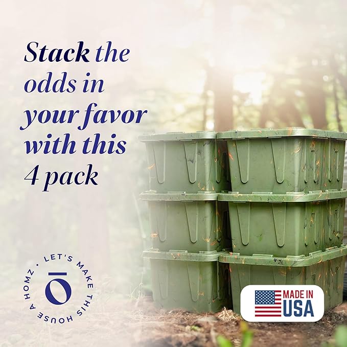 HOMZ 4-Pack Durabilt Tote, Heavy Duty Plastic Storage Bins with Lids, 27 Gallon, Green Camo - Stackable Organizing Containers for Home, Garage, and Office - Image 2