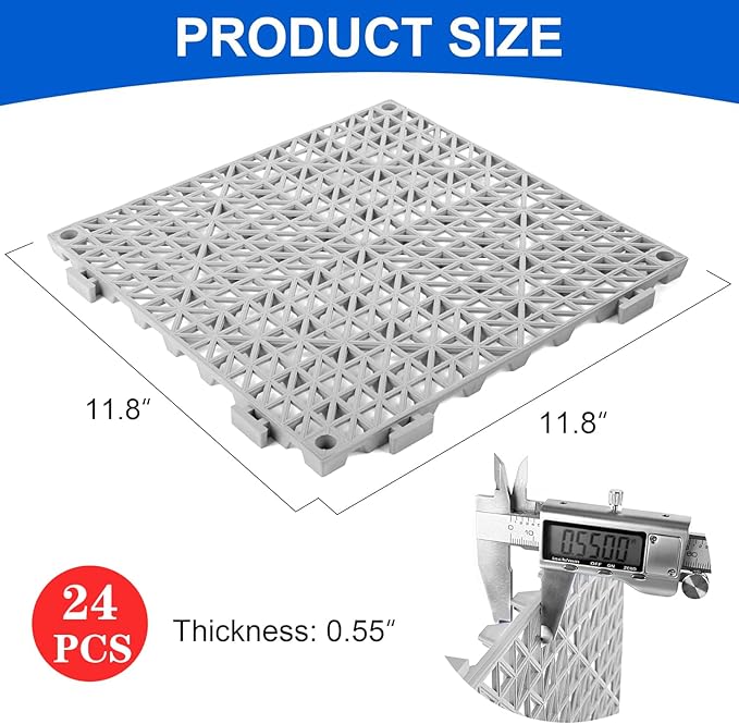 MYFAMIREA Modular Interlocking Cushion 24 Pack 11.8" x 11.8" Rubber Floor Tiles Non-Slip Splicing Drainage Mats for Deck, Pool, Outdoor Shower, Patio, Balcony, Indoor Bathroom, Kitchen, Yard (Gary) - Image 2