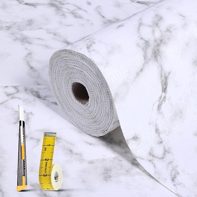 Drawer and Shelf Liner for Kitchen Cabinet: 23.6 in X 30 Ft Non Slip Waterproof Shelf Paper Non Adhesive Refrigerator Liners White Marble Easy Liners for Bathroom with Knife Tape Measure by Kimhan