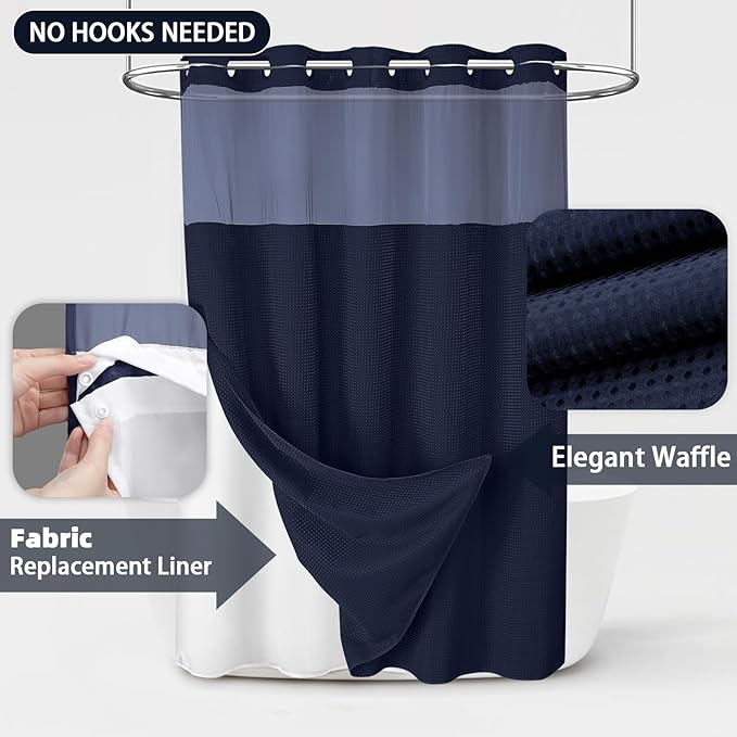 No Hook Shower Curtain and Liner Set,Blue Hotel Waffle Shower Curtain with Liner 75" L x 72" W - Image 3