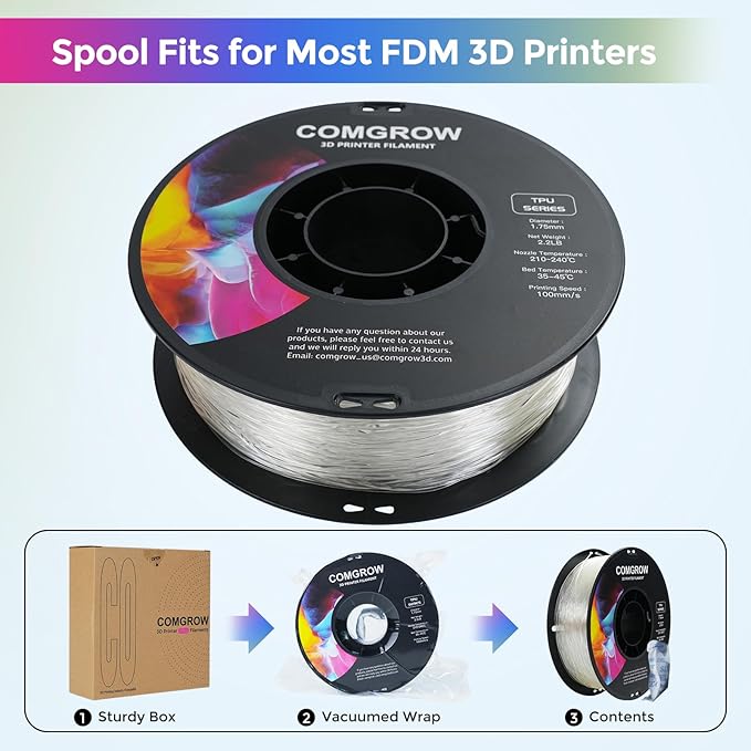 Comgrow TPU Filament 1.75, Flexible 95A Soft 3D Printing Filament fit Most 3D Printers Dimensional Accuracy +/- 0.02mm TPU Transparent1kg (2.2lbs) - Image 5