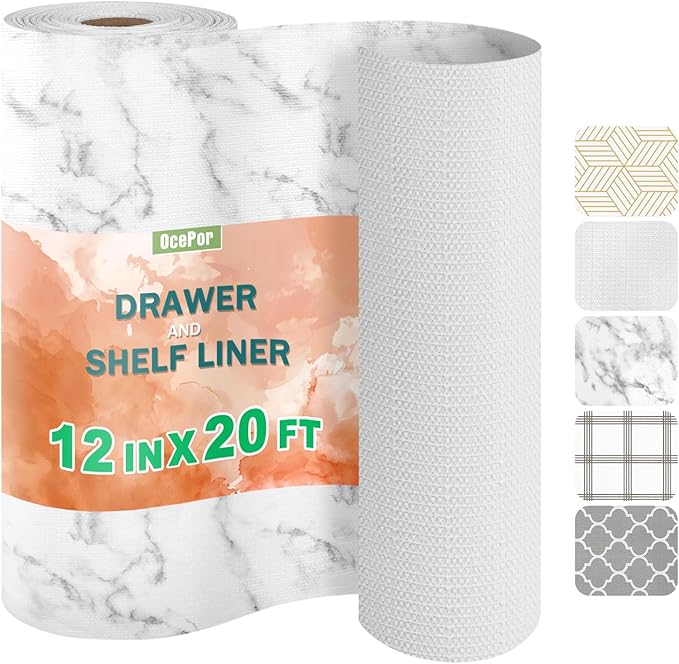OcePor Non-Adhesive Drawer and Shelf Liner 12IN x 20FT，Non Slip Cabinet and Cupboard Liner, Kitchen Cabinet Liners for Shelves, Waterproof Drawer Shelf Liners for Cabinets/Bathroom Cupboard, Marble by OcePor