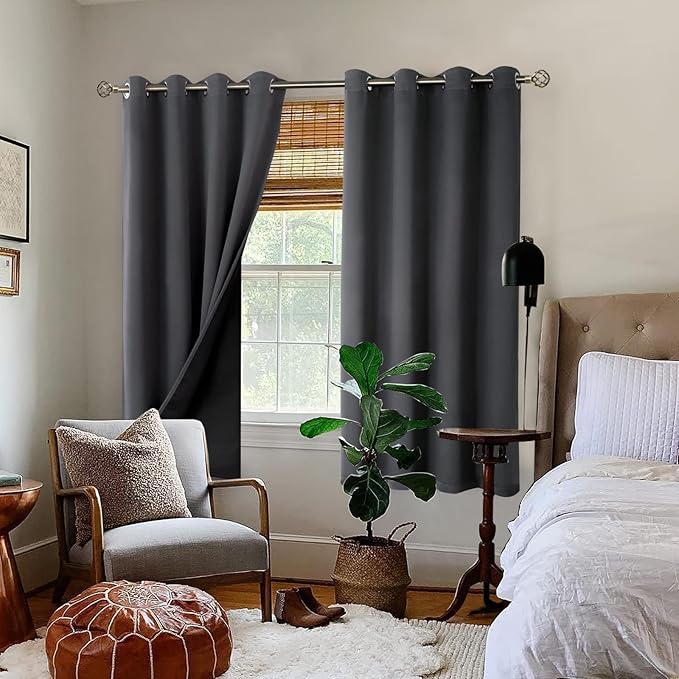 BGment Thermal Insulated 100% Blackout Curtains for Bedroom with Black Liner, Double Layer Full Room Darkening Noise Reducing Grommet Curtain (52 x 63 Inch, Dark Grey, 2 Panels) - Image 2