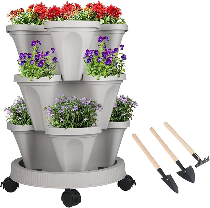 GameXcel Vertical Planter 3 Tier Stackable Planters Garden Planters Strawberry Herb Flower and Vegetable Planter Indoor Outdoor Gardening Pots with Removable Wheels and Tools by GameXcel