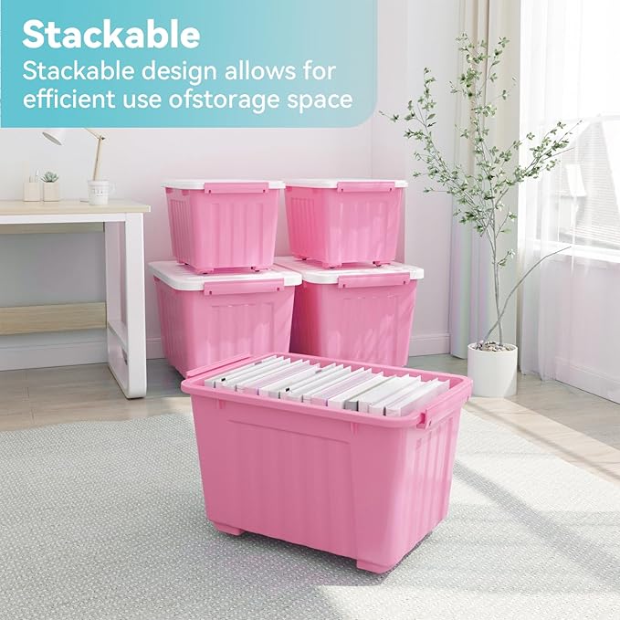Nazhura Plastic Storage Bin, Stackable and Nestable Storage Boxes with White Lids and Secure Latching Buckles, Large Storage Container (Pink/White, 72Quart-4Pack) - Image 4