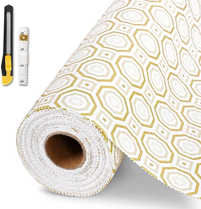 Drawer and Shelf Liner for Kitchen Cabinet,Non-Adhesive Cabinet Liner 12in x 10FT,Waterproof Shelf Paper Non-Slip Mats Cupboard Liners Contact Protect Dresser/Shelves/Table-Gold Octagonal by GTJ