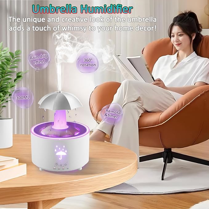 Humidifier for Bedroom, Rotating Umbrella Diffuser with Rain Drop Effect 7-Color LED, 300ML Small Humidifier with Remote & Timer, Funny Rain Humidifiers Gift for Family and Friends (White) - Image 2