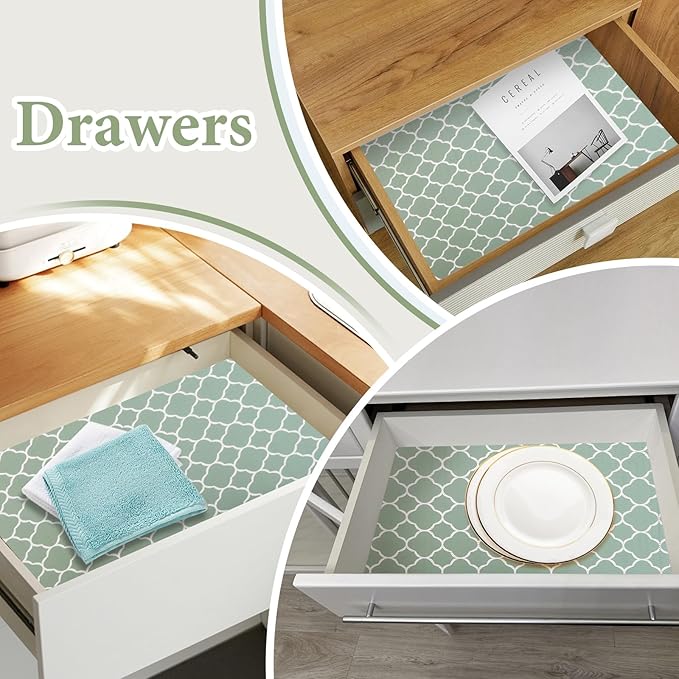 Shelf Liners for Kitchen Cabinets Non Adhesive Drawer Liner 23.6in x 30FT Light Green Quatrefoil Thickened Shelf Liner Strong Non-Slip Easy to Clean Tool Box Refrigerator with Knife and Tape Measure - Image 2