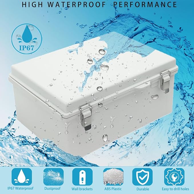 Waterproof Outdoor Electrical Box Junction Box Weatherproof IP67 ABS Plastic Enclosure Switch Router Project Box with Mounting Plate with Wall Bracket 2 Cable Glands Grey 16" x 12" x 7" - Image 2