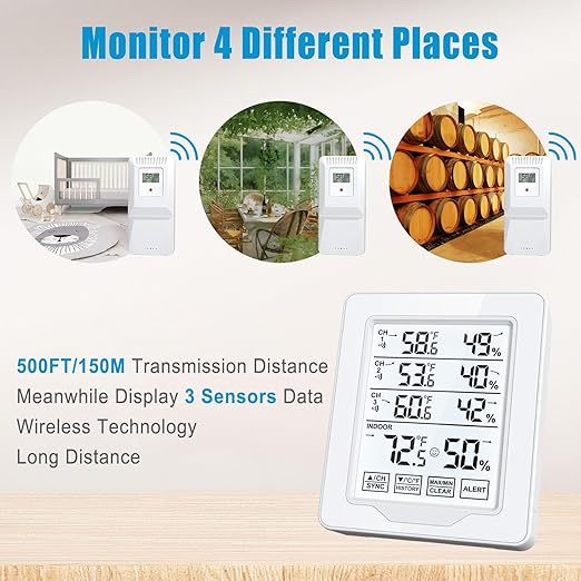 Indoor Outdoor Thermometer Wireless with 3 Remote Sensors, Digital Temperature Humidity Monitor Gauge with 500FT/150M Range, Temp Alert and Backlight - Image 3