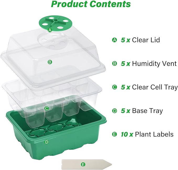Bonviee 5-Pack Seed Starter Trays, Seed Starter Kit with Adjustable Humidity Dome and Base Indoor Greenhouse Mini Propagator for Seeds Growing Starting (12 Cells Per Tray, Green) - Image 2