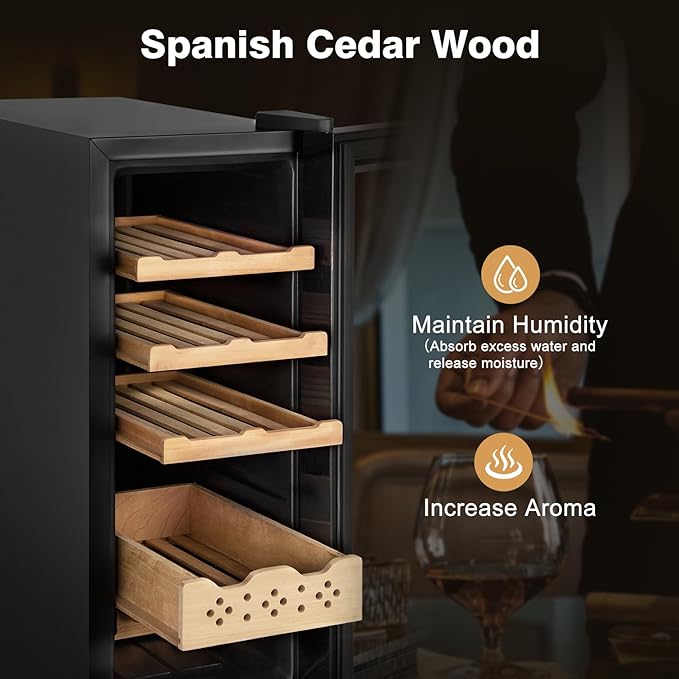 Electric Cooler Cabinet 35L with Temperature and Humidity Control, Spanish Cedar Wood Shelves and Safety Lock (300 Counts Capacity), Gift for Men - Image 3