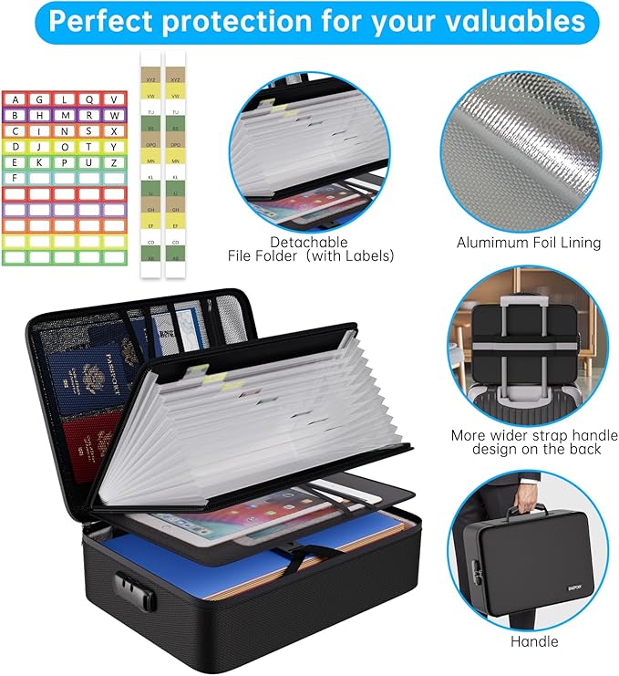 ENGPOW File Organizer Bag with 13 Pocket Accordion File Folder, Fireproof Document Organizer with Lock& Labels,Multi-Layer Portable Home Travel Safe Storage Box for Important Documents,Files and More - Image 6