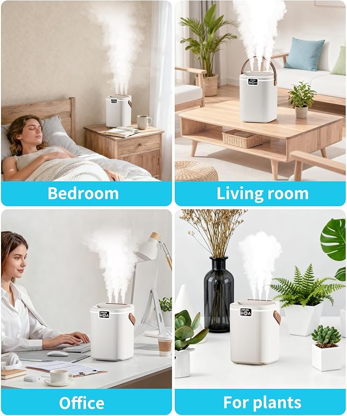 Air Humidifier for Bedroom with Three Spray, 2L Quiet Cool Mist Humidifier for Plants Dorm Room Office Home Car Personal Humidificador with Top Water Inlet & 4 Mist Modes & Night Light - Image 5