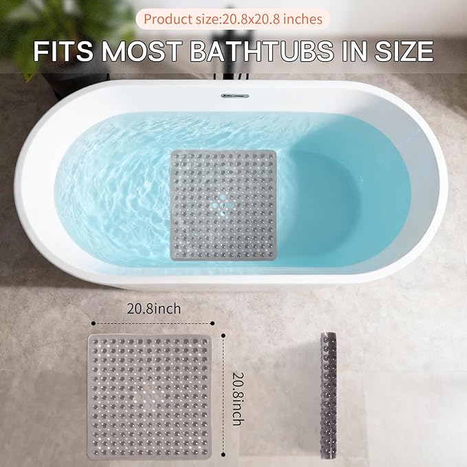 Anti-Slip Bathtub Shower mat, 20.8×20.8（Approximately 53×53cm） inch Soft Oversized Machine Washable Non-Slip Bathtub mat with Drainage Holes, Bathroom Floor Suction Cup.（1-Clear Gray） - Image 3