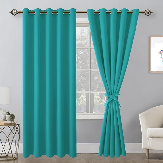 Hiasan Blackout Curtains for Bedroom, 60 x 84 Inches Long - Thermal Insulated & Energy Saving Window Curtains for Living Room, 2 Drape Panels Sewn with Tiebacks, Peacock Teal - Image 2