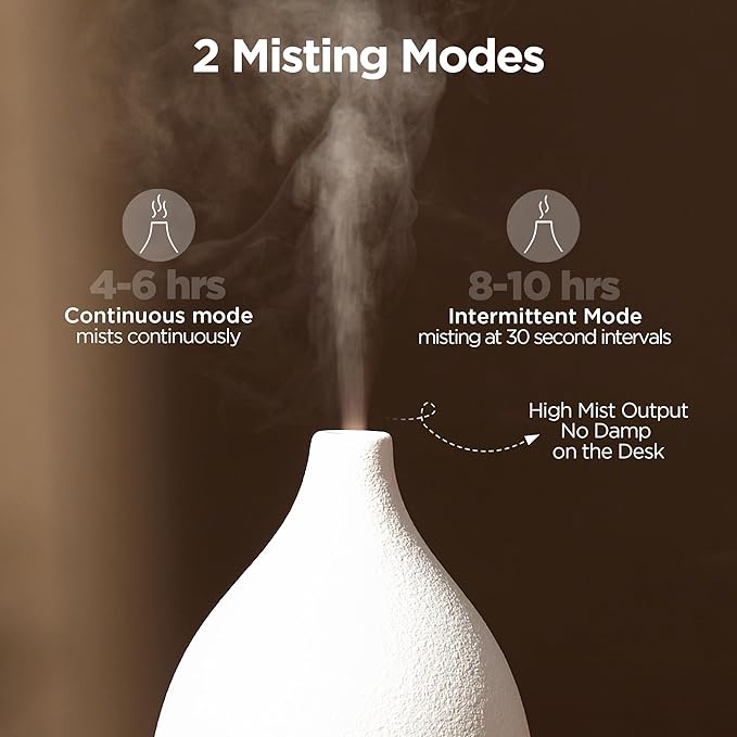 InnoGear Oil Diffuser, 150ML Ceramic Diffuser for Essential Oils Handcrafted Aromatherapy Diffuser Ultrasonic Cool Mist Humidifier with 2 Mist Modes Waterless Auto Off for Room Office, White - Image 5