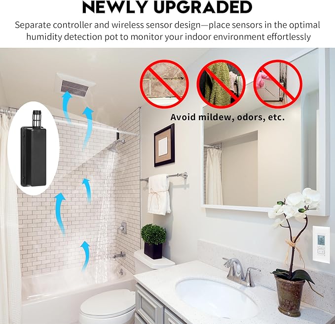 Ortis New 2024! Humidity Sensor Switch, in-Wall Bathroom Fan Automated Control Switch, Separate Sensor for Better Moisture Detection, 328ft Range, 110/220V, Keep Your Room Dry - Image 3