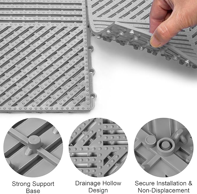 MYFAMIREA Modular Interlocking Cushion 12 Pack 11.8" x 11.8" Rubber Floor Tiles Non-Slip Splicing Drainage Mats for Deck, Pool, Shower, Patio, Balcony, Bathroom, Kitchen, Yard (1 Rows Dots, Gray) - Image 4