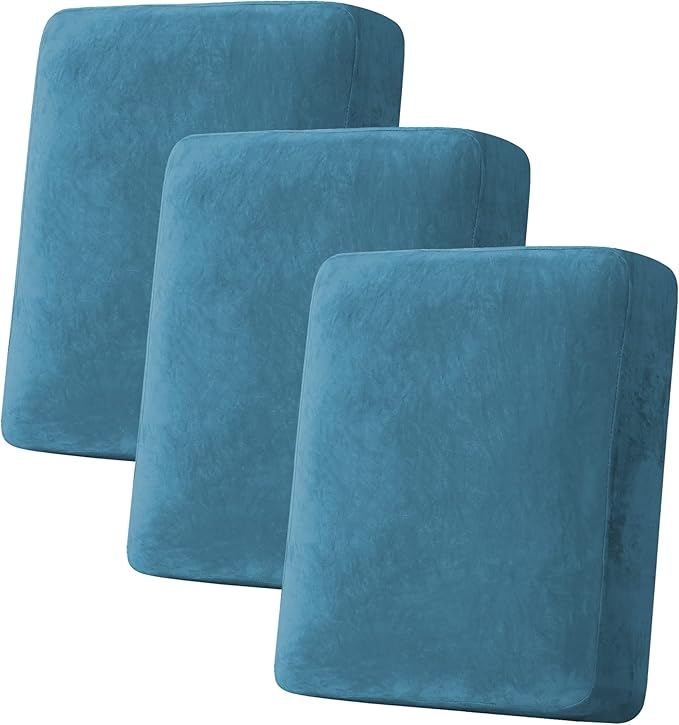 H.VERSAILTEX Velvet Stretch Couch Cushion Cover Plush Cushion Slipcover for Chair Loveseat Sofa Cushion Furniture Protector Seat Cushion Sofa Cover (3 Piece Sofa Cushion Covers, Peacock Blue) by HVERSAILTEX