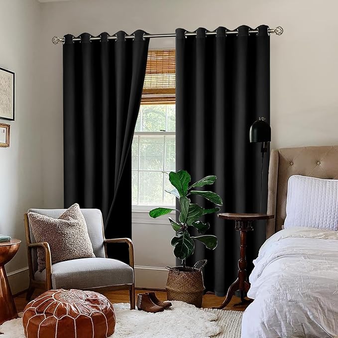 BGment Thermal Insulated 100% Blackout Curtains for Bedroom with Black Liner, Double Layer Full Room Darkening Noise Reducing Grommet Curtain (60 x 84 Inch, Black, 2 Panels) - Image 2