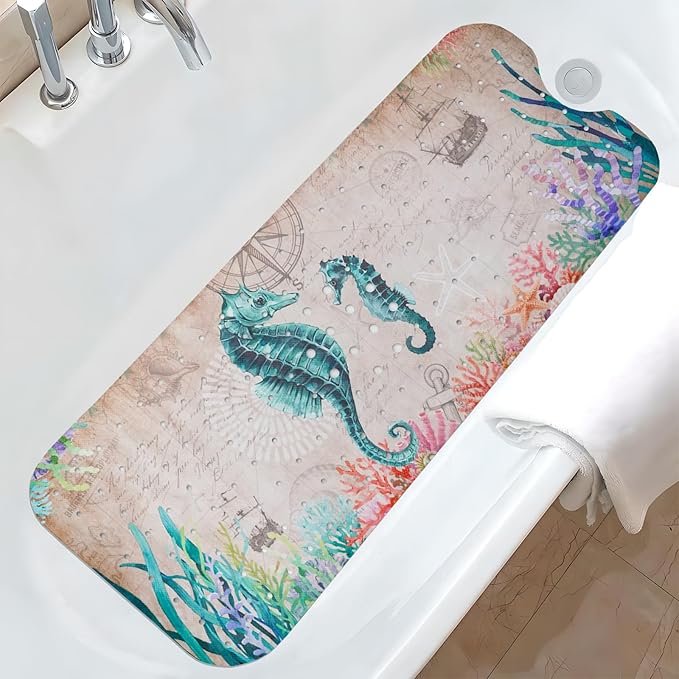 Ocean Bathtub Mat Non Slip, Cute Baby Bath Mat for Tub Rubber Tub Mat, Seahorse Coral Toddler Kids Bath Mats for Bathroom Anti Slip Shower Mat with Suction and Drain Holes Machine Washable, 40″x16″ by Unknown