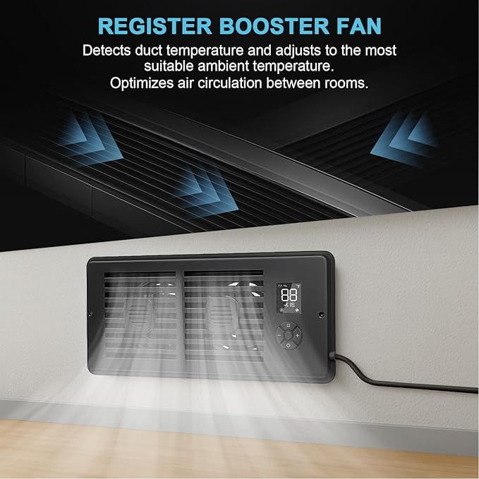 Register Booster Fan for 4" x 10" Vents Only, 10 Speeds to Control Cool & Warm Airflow, Air Conditioning Vents with LED Screen Remote & Thermostat Control, for Room Walls & Floors (Black) - Image 2