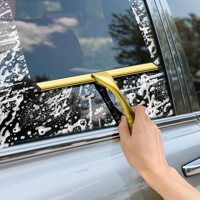 All-Purpose Stainless Steel Shower Squeegee for Shower Doors with 2 Adhesive Hooks, Bathroom Cleaner Tool Household Window Mirror Squeegee for Home Cleaning, Glass Door, Tile Wall, Car, 12 Inch Golden - Image 6