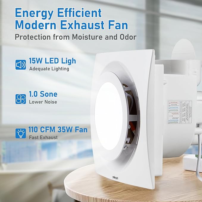 Bathroom Exhaust Fan with Light, 8 Inch Bathroom Ventilation Fan, 110 CFM 1.0 Sones Quiet Exhaust Fan For Home, Exhaust Ventilation Fan Light Combo Ceiling Mount - Image 6