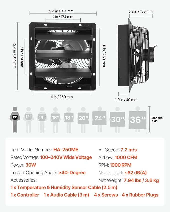 VEVOR 10 inch Exhaust Fan, Wall Mounted Attic Fan with Variable Speed, Temperature & Humidity Controller, 1000 CFM, Automatic Shutter - Image 7