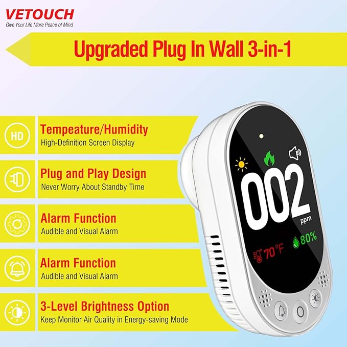 Plug-in Carbon Monoxide Detector with Digital Color Display CO Detector for CO, Temperature & Humidity, 85dB Loud Alert, Self Test Function vetouch CO Detector, for Home, Bedroom, Kitchen, RV - Image 2
