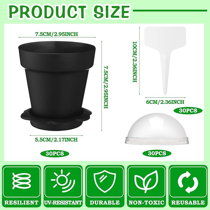 30 Pcs Plant Nursery Pots with Humidity Dome 2.95'' Small Plant Pots Plastic Gardening Container Planter Starter Seed Starting Trays for Seedlings Succulents with 30 Pcs Labels(Black) - Image 2