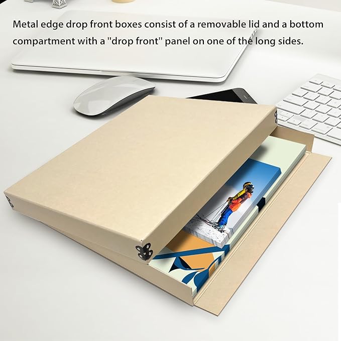 Lineco Museum Archival Storage Box, 11.75x15.25x1.5 in. Drop Front Design. Acid-Free with Metal Edge. Organize Photos, Pictures, Prints, Documents, Crafts, DIY. Tan, 2 Pack - Image 6