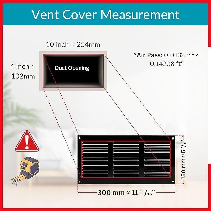 10x4 Vent Cover (Duct Opening) - Black HVAC Return Air Grille for Wall and Ceiling - Metal AC Vent Cover with Mesh - Rectangular Ventilation Register - External Dimensions: 11.81" W x 5.91" H - Image 6