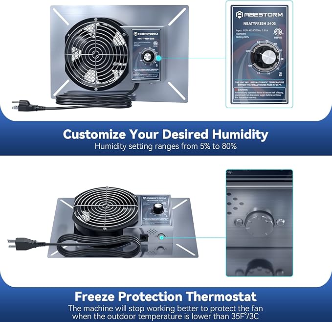 Abestorm 260CFM Crawl Space Ventilation Fan, IP-55 Rated Commercial Stainless Steel Vent Fan with Humidistat & Thermostat, 6.7 Inch Ventilator with Isolation Mesh for Crawlspace, Basement, Garage - Image 5