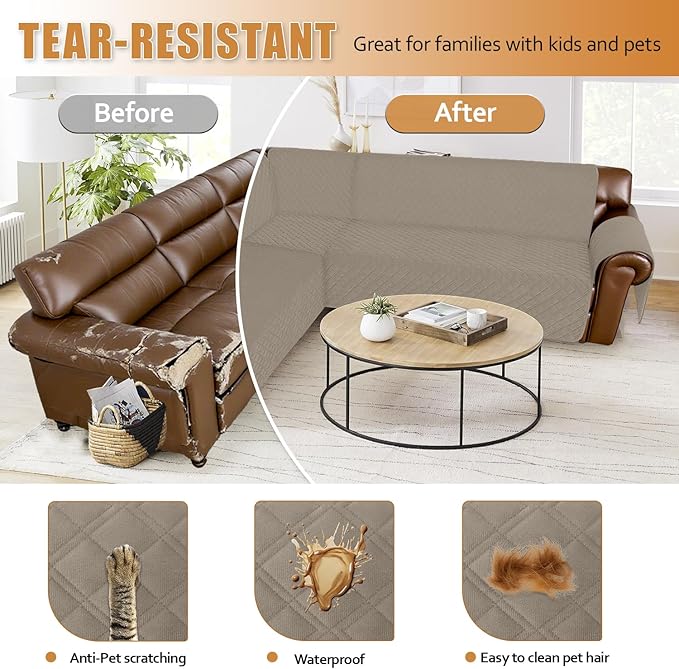 Arfntevss Waterproof Sectional Couch Covers L Shape Washable Velvet Sofa Cover for Sectional Non Slip Large Corner Slipcovers Dog 6 Pcs Universal U Shaped Furniture Protector (Light Khaki, X-Large) - Image 7