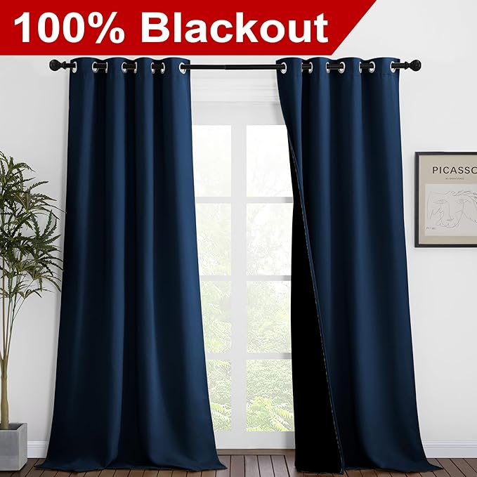 NICETOWN 100% Blackout Blinds, Set of 2, 46 inches x 102 inches, Laundry Room Decor Window Treatment Curtains for Large Patio Sliding Door, Thermal Insulated Moroccan Blue Curtains for Bedroom - Image 2