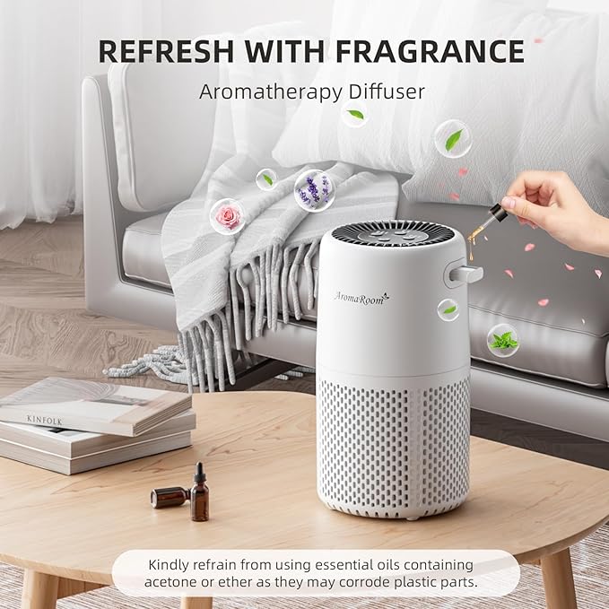 Air Purifier for Home Bedroom, AromaRoom H13 HEPA Air Filter For Smoke Pollen Dander Hair Smell Air Cleaner, 3-in-1 Filter with Sleep Mode, Quiet Air Cleaner For Pets, Home, Baby Room (White) - Image 5