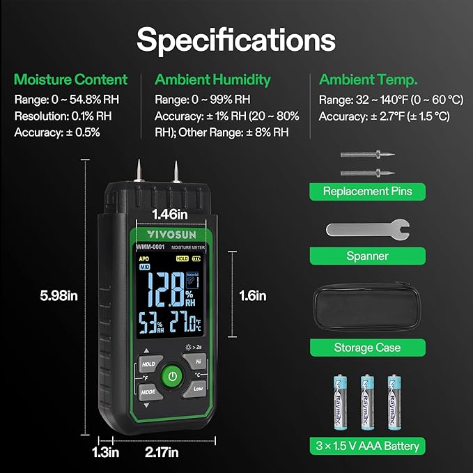 VIVOSUN Wood Moisture Meter, 3-In-1 Pin-Type Digital Moisture Tester, Ambient Temp & Humidity Tester, 7 Modes, Color Backlit Screen, for Wood, Walls, Bricks, Dried Flowers - Image 7
