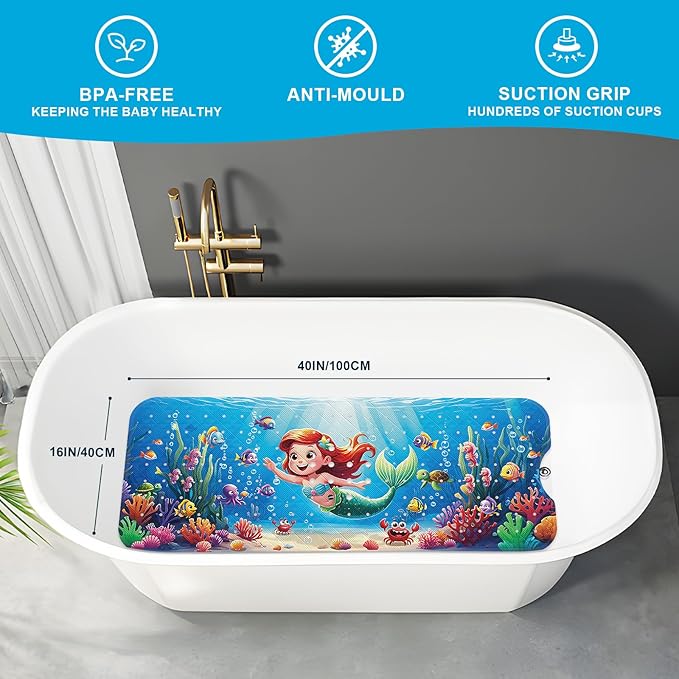 XIYUNTE Baby Bath Mat for Tub Non Slip Kids Bath Mat - 40''x16'' Extra Long Cartoon Turtle Baby Bath Tub Mat Eco-Friendly Toddler Bath Mats with Suction Cups & Drain Holes, Easy to Clean & Easy Drying - Image 2