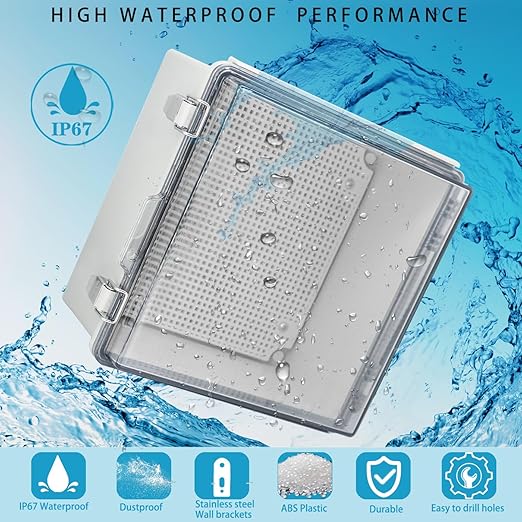 Waterproof Electrical Box with Mounting Plate, IP67 Junction Box Stainless Steel Latch Hinged Clear Cover Project Enclosure with Wall Bracket and 2 Glands 8.3" x 8.3" x 3.9" - Image 2