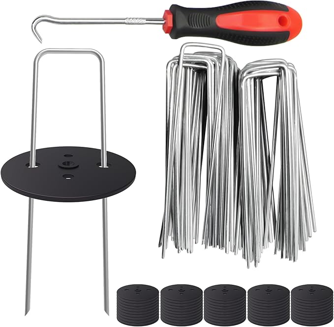 MySit Weed Fabric Staples, 6 inch Landscape Fabric Pins Garden Staples with Gaskets Pick Hook, U Shaped Stakes for Ground, Gardening, 50 Pack by MySit