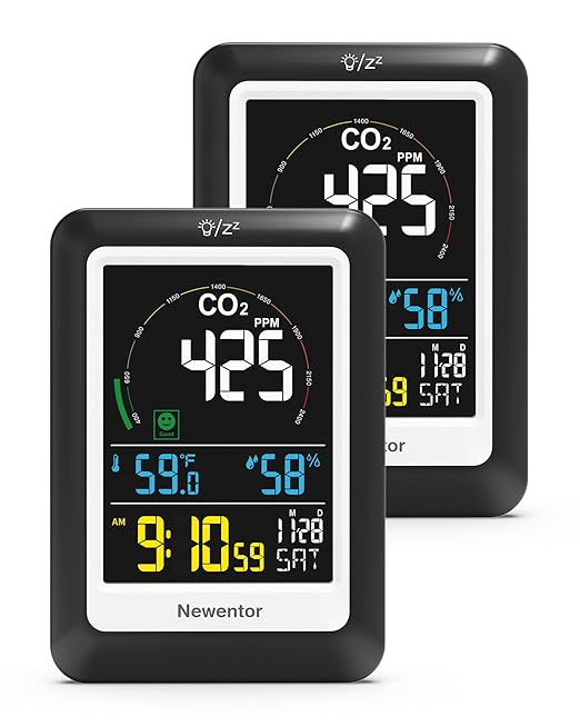 Newentor CO2 Monitor, Indoor Air Quality Meters, Carbon Dioxide Detector with Voice Alert, Large Display CO2 Tester, Temperature Humidity Sensor, Alarm Clock for Home, RV, Grow Tents, Black, 2 PCS by Newentor