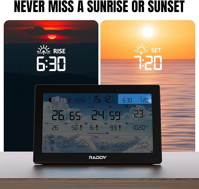 Raddy N90 Wi-Fi Weather Station with 8.8" Display, Smart App Connectivity, Indoor Outdoor Thermometer with Wireless Sensor, Temp & Humidity Monitor, PM2.5/AQI/UVI, 5-Day Forecast, Sunrise/Sunset Time - Image 6