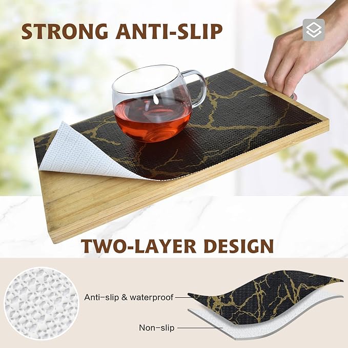 2-Layer Drawer and Shelf Liner for Kitchen Cabinet: 12in X 20Ft Non Slip Waterproof Shelf Paper Non Adhesive Refrigerator Liners Black/Gold Marble Easy Liners for Bathroom with Knife Tape Measure - Image 2