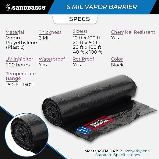 Sandbaggy 20 ft x 100 ft Vapor Barrier 6 Mil | Polyethylene | Black Plastic Sheeting Rolls | Moisture Barrier for Crawl Spaces, Concrete and Laminate Underlayment, Walls (1 Roll) - Image 2