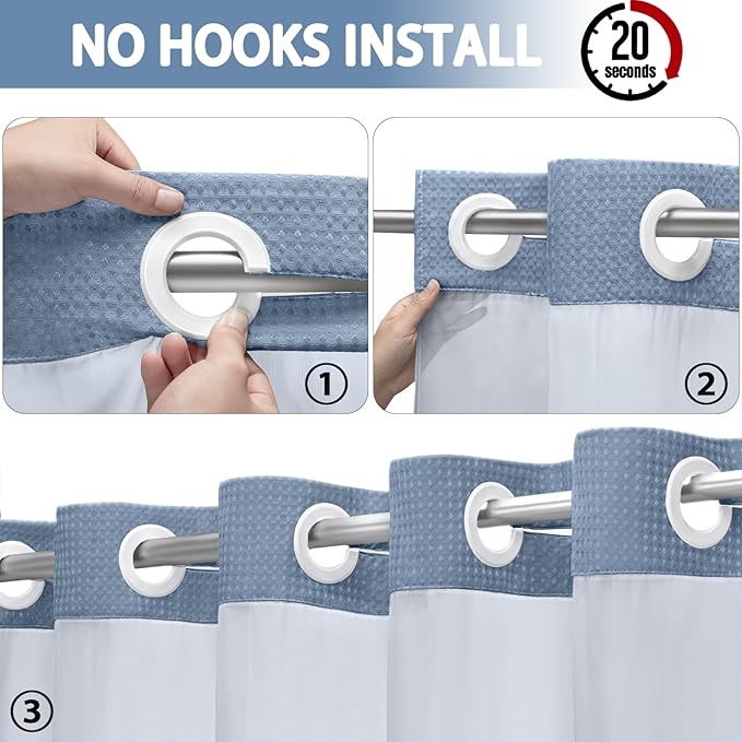 No Hook Shower Curtain and Liner Set,Sky Blue Hotel Waffle Shower Curtain with Liner 75" L x 72" W - Image 2