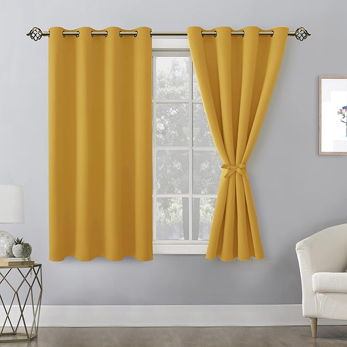 Hiasan Blackout Curtains for Bedroom - Thermal Insulated & Light Blocking Window Curtains for Living Room/Kids Room, 2 Drape Panels Sewn with Tiebacks, Mustard Yellow, 52 x 45 Inch - Image 2